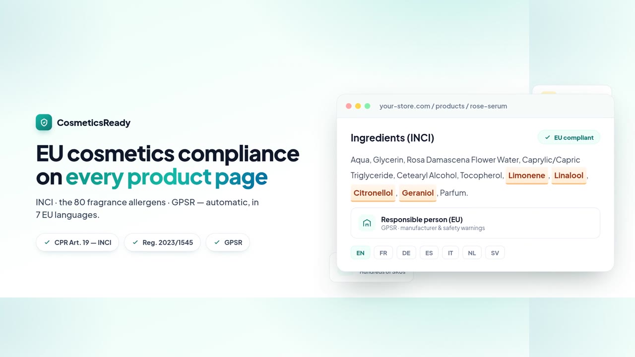 CosmeticsReady demo — a compliant ingredient block on a product page