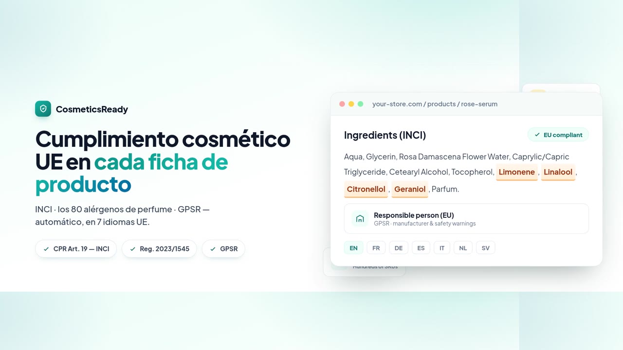 Demo de CosmeticsReady — un bloque de ingredientes conforme en una ficha de producto