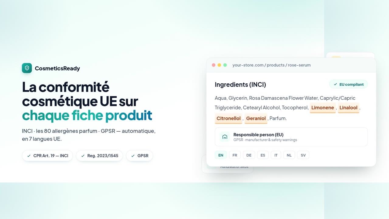 Démo CosmeticsReady — un bloc d'ingrédients conforme sur une fiche produit