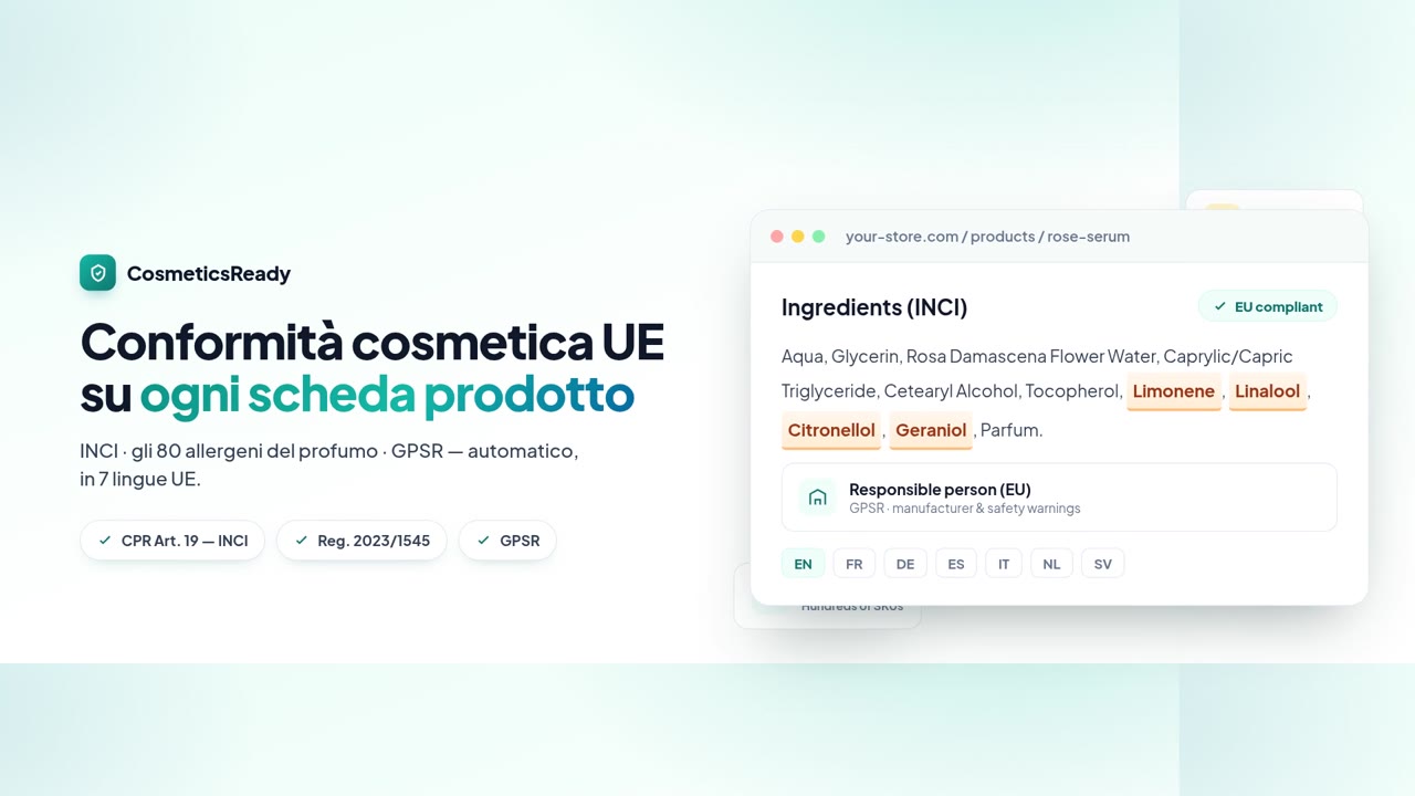 Demo CosmeticsReady — un blocco ingredienti conforme su una scheda prodotto