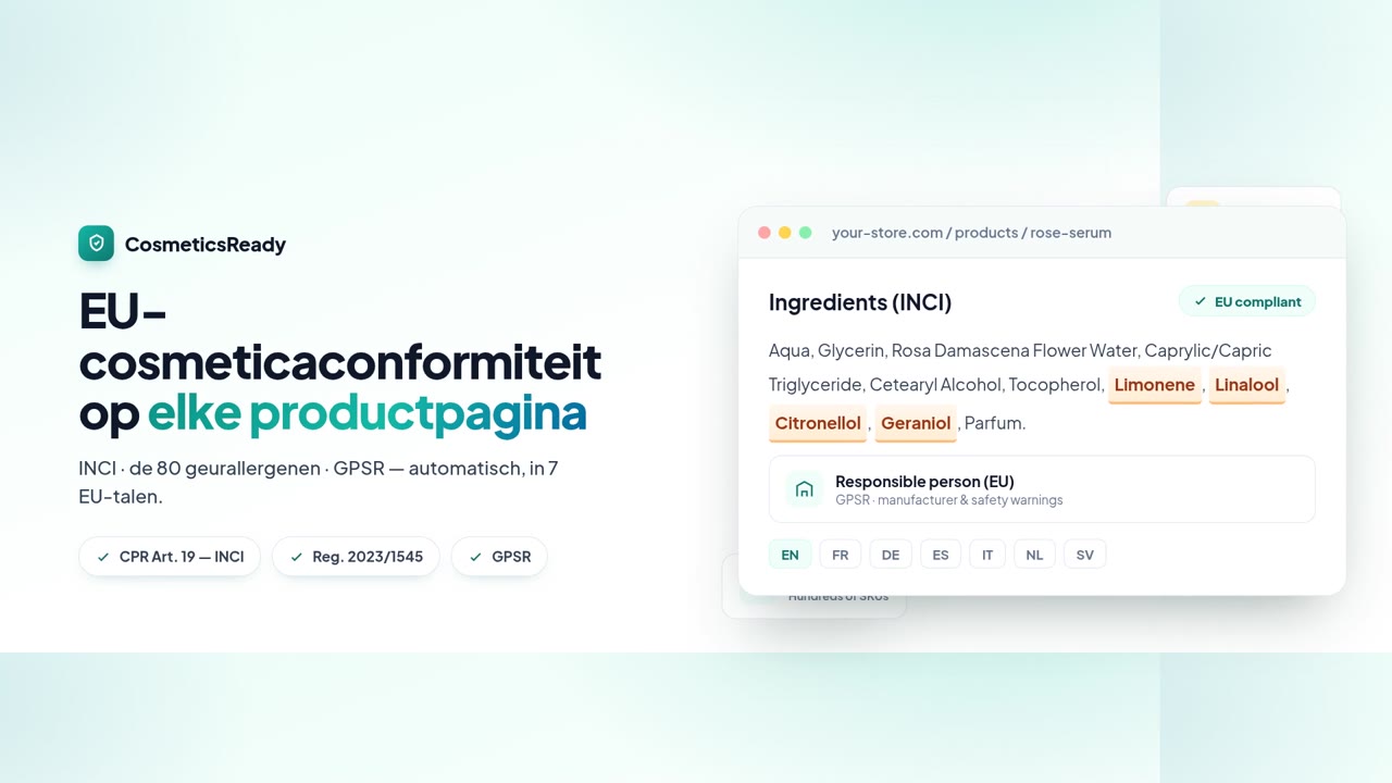 CosmeticsReady-demo — een conform ingrediëntenblok op een productpagina
