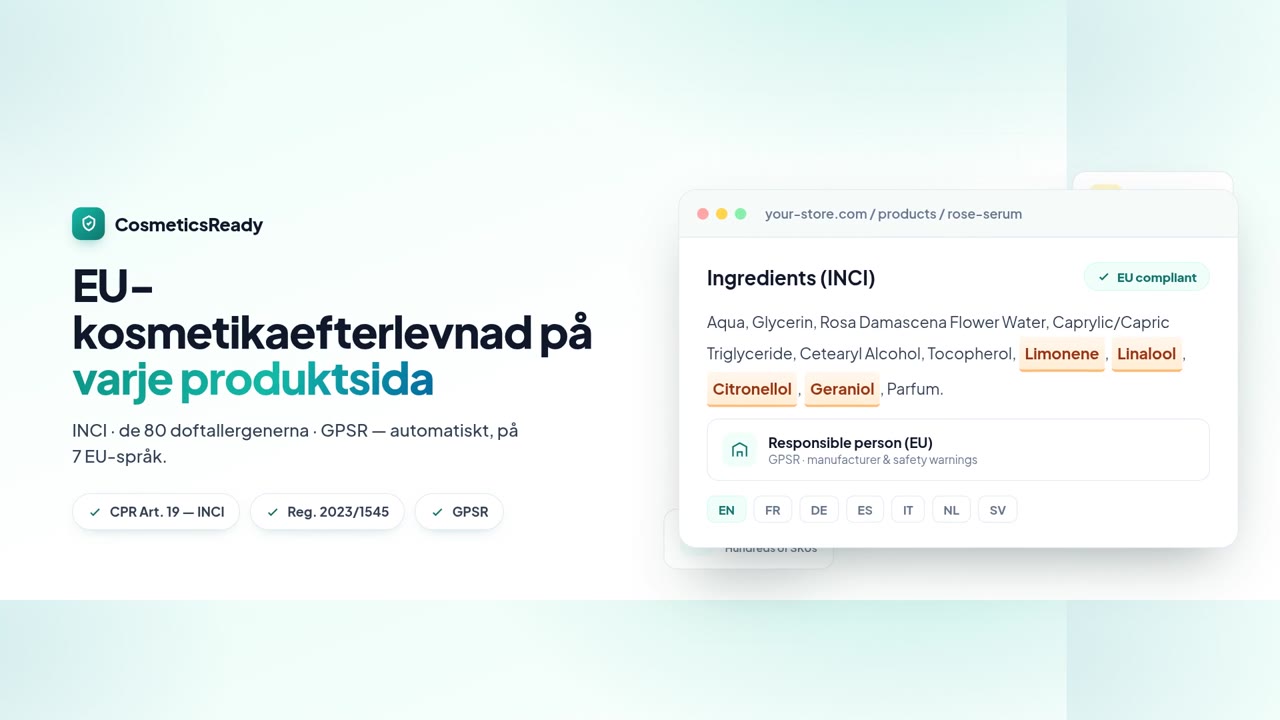 CosmeticsReady-demo — ett regelefterlevande ingrediensblock på en produktsida
